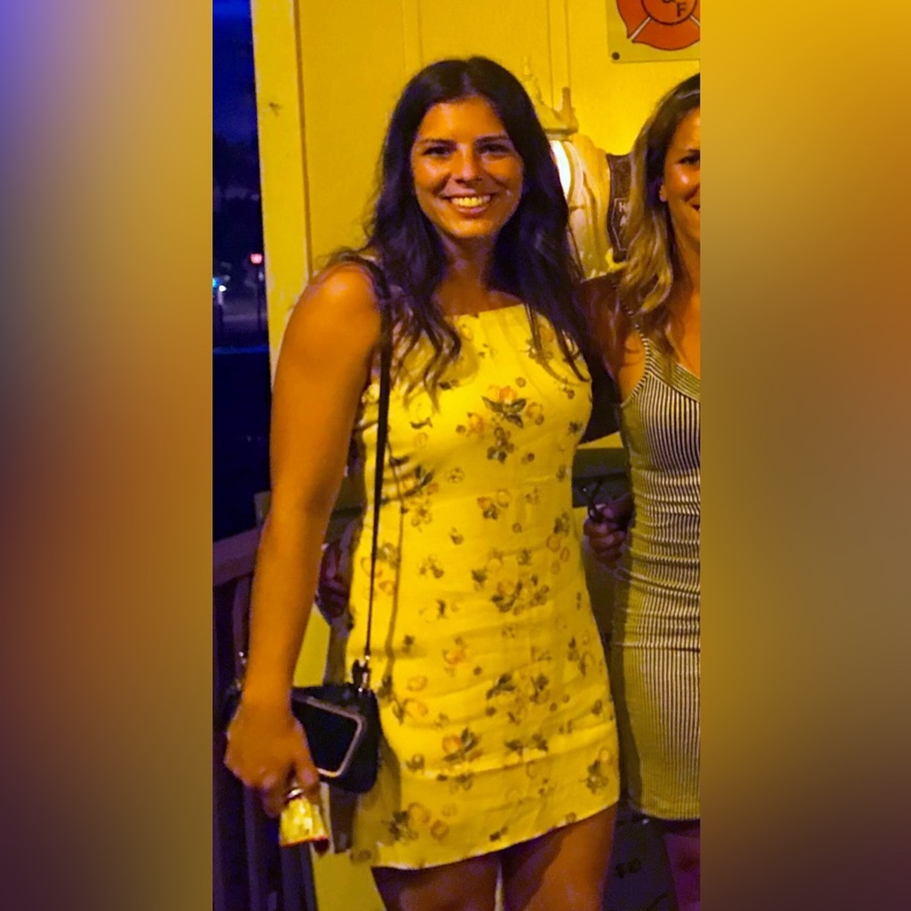 Light yellow sundress with oranges, high neck and open back, size medium